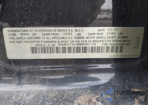 2008 Volkswagen Jetta Se/Sel z USA, uszkodzony, nr VIN 3VWRZ71K08M095770